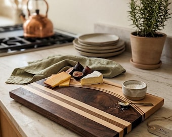 Handmade Walnut and Ambrosia Maple Cutting Board, Unique Curved Design Cheese Board, Extra Thick Wood Serving Tray, Charcuterie Board