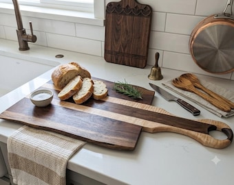 Handcrafted Live Edge Cutting Board - Walnut and Curly Maple - 26x13x3/4