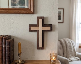 Handcrafted Walnut and Maple Wooden Cross, 13" x 9" Layered Wood Wall Art, Small-Batch Christian Home Decor, Made in USA