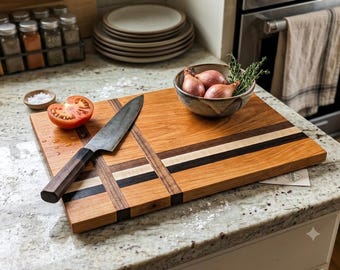 Handmade Cherry Cutting Board with Walnut and Maple Accents | 18x12.5 Large Wooden Chopping Block | Serving Board, Charcuterie Platter