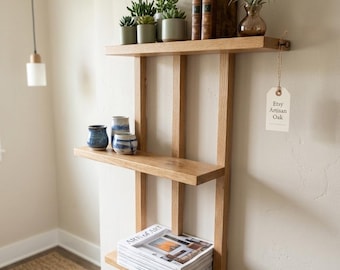 Handcrafted White Oak Wall Shelf – 3-Tier Modern Asymmetrical Floating Bookshelf, Minimalist Solid Wood Display Ledge, Artisan Home Decor
