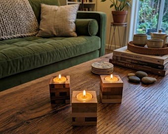 Unique wood handmade multi wood species tea light candle holders