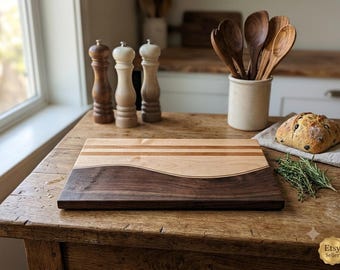 Handmade Maple, Walnut, and Cherry Cutting Board | 19x12 Custom Wave Chopping Board | Wood Anniversary Gift, Artisan Serving Tray