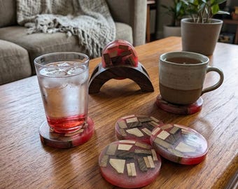 Epoxy and Scrap Wood Mosaic Coasters with Solid Walnut Arch Cradle