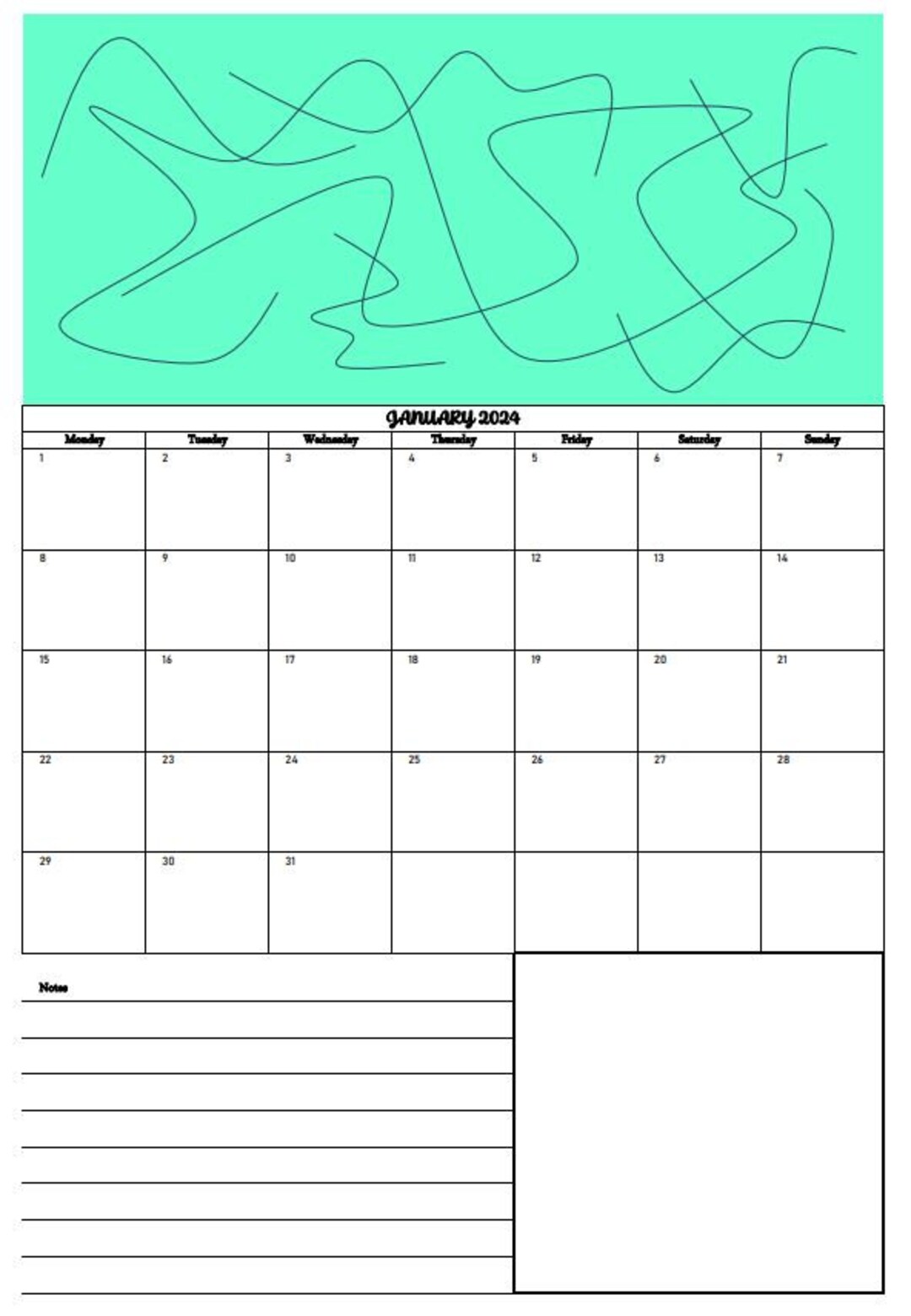 monthly-2024-calendar-to-print-pdf-digital-mint-with-zig-zags-etsy