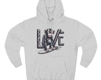 Hoodie with Love Monkey Print, Trendy Surfer-Inspired Design, Perfect for Ocean Lovers, Awesome Gift for Surf Fans