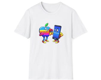 Apple Fighting Samsung T-Shirt - Geek Chic Tech Humour Tee, Unique Gift for Tech Enthusiasts and Brand Battles Fans