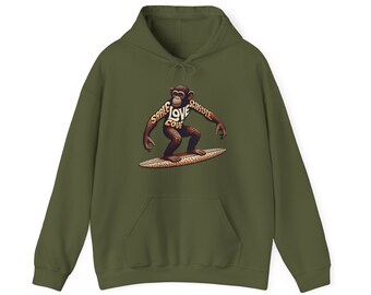 Love Monkey 70's Surfer Hoodie, Stylish Surfer Graphic Hoodie, Ideal for Beach Adventures, Unique Gift for Surf Enthusiasts
