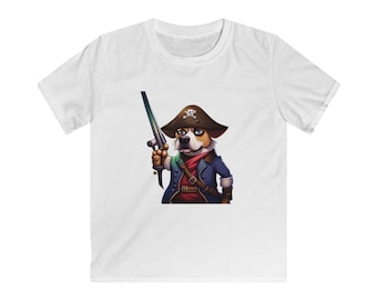 T Shirt: Pirate Dog Kids Softstyle Tee - Fun and Unique Children's Clothing - Great for Playtime - Perfect Gift for Little Adventurers