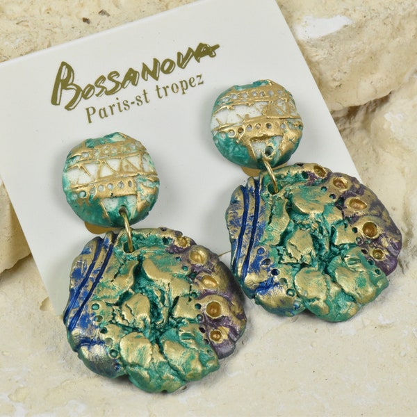 Boucles d'oreilles clips vintage en résine : Bijoux fantaisie femmes - Rond Vert Violet