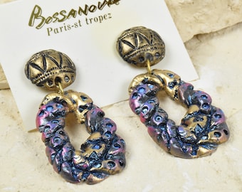 Paire de clips d'oreilles non percées femmes : Boucles pendantes ovales bleu violet et or