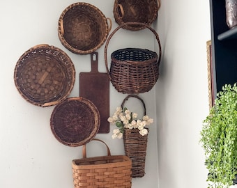 Vintage Wall Basket Collection Set of 7, Woven Basket Wall Decor, Cottage Kitchen Wall Art, Farmhouse Basket Gallery Wall Spring Decor