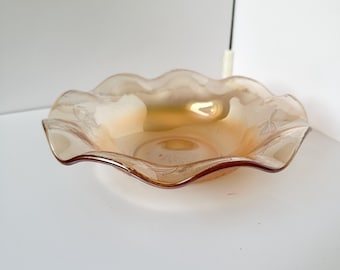 Vintage Jeannette Iris & Herringbone Bowl | Gold Iridescent Carnival Glass | Ruffled Fruit or Serving Bowl | 1930s Depression Glass
