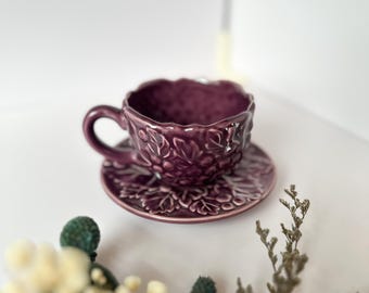 Vintage Ceramic Cup and Saucer – Embossed Design, Elegant Tea or Coffee Set, Purple Color, Decorative Tableware, Vintage Kitchenware