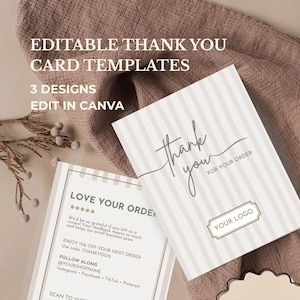 May include: Two rectangular thank you card templates with white and beige vertical stripes. The cards feature the text "thank you FOR YOUR ORDER", "LOVE YOUR ORDER", and "INSTANT DOWNLOAD". Includes placeholders for a logo, a QR code, and social media handles.