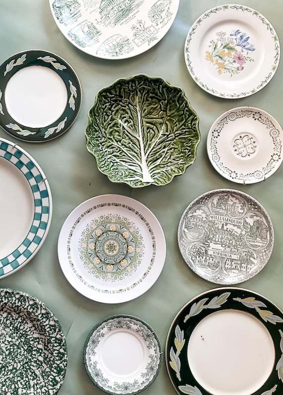 Custom Green Vintage Plate Wall Collection | English Cottage Plate Gallery | Botanical Wall Decor | Vintage Plate Wall | Cottagecore Decor