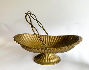 Vintage Solid Brass Pedestal Bowl with Handle | Made in India Scalloped Centerpiece Bowl | Hollywood Regency Fruit Basket Decor