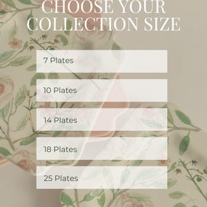 May include: A selection of scalloped-edge plates featuring a watercolor floral pattern in shades of pink and green. The image includes the text CHOOSE YOUR COLLECTION SIZE and lists options for 7, 10, 14, 18, and 25 plates with a descriptive note.