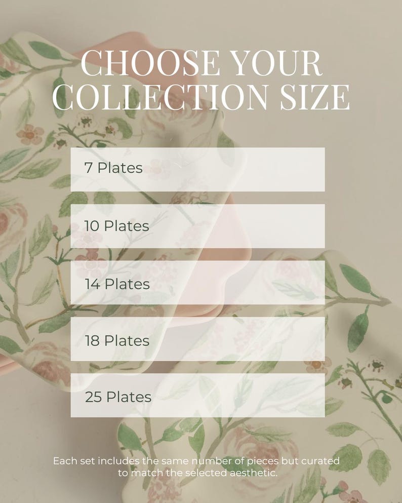 May include: A selection of scalloped-edge plates featuring a watercolor floral pattern in shades of pink and green. The image includes the text CHOOSE YOUR COLLECTION SIZE and lists options for 7, 10, 14, 18, and 25 plates with a descriptive note.