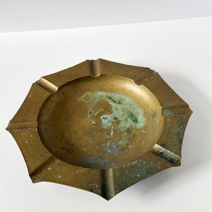 Vintage Hexagonal Brass Ashtray – Mid Century Catchall Tray with Patina, Decorative Trinket Dish