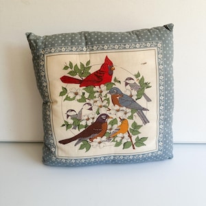 Vintage Quilted Bird Pillow – 1980s Red & Blue Birds – 16x15” Cottagecore Throw Pillow – Kitsch 80s Home Decor Retro Bedding or Sofa Accent