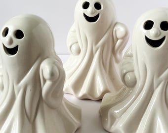Ceramic Ghost Votive Holder – Halloween Ghost Figurine – Shelf Sitter & Candle Cover – 6” White Decor