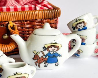 Vintage Schylling Toys Madeline China Tea Set with Wicker Picnic Basket | 1997 Complete Tea Party Set | Madeline Collectible