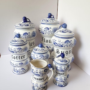 Arnart Blue Onion Canister Set | 7-Piece Ceramic Countertop Set | Vintage Delft Style Kitchen Decor | Cookie Jar + Creamer & Sugar