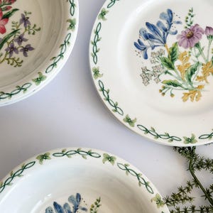 May include: White ceramic plates and bowls with floral designs. The plates and bowls feature a green vine border and colorful flowers in the center, including blue, purple, and yellow blooms. The tableware is arranged on a white surface.