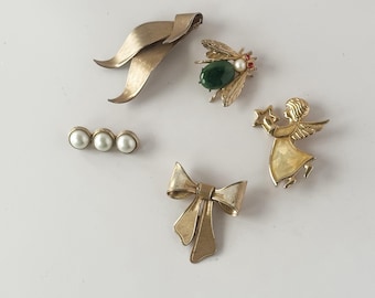 Vintage Brass Brooch Lot | Bow Pin, Bee Figurative Brooch, Pearl Accent Bar, Angel Pin | Cottagecore Jewelry Bundle Set of 5