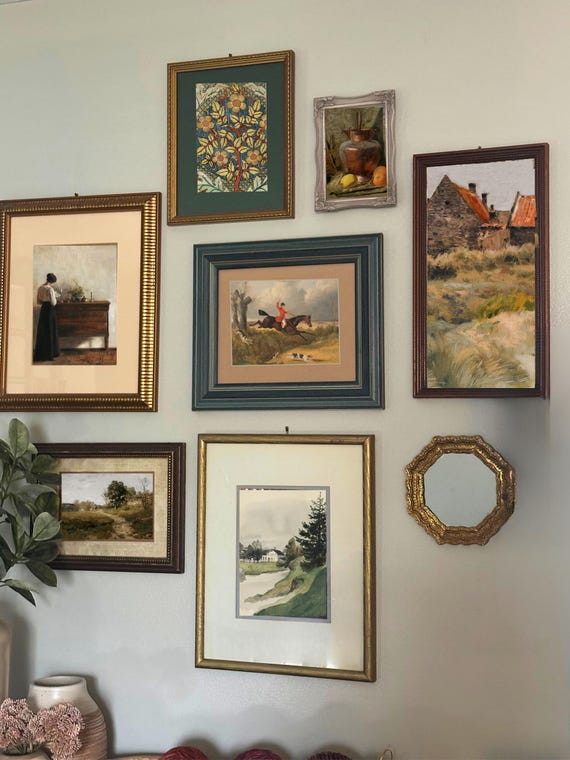 Vintage Gallery Wall Set with Frames, Curated Cottage Wall Art Collection, Botanical Landscape Animal, Grandmillennial Ready-to-Hang Wall