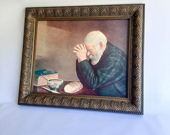 Lámina vintage con la oración Grace, arte cristiano para pared enmarcado, hombre orando antes de comer, 25x20 cm, arte religioso, decoración vintage americana.