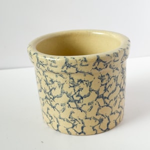 Roseville Ohio Pottery Robinson Ransbottom 1 Pt Low Jar Blue Spongeware 3.25” H