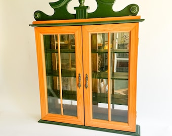 Vintage Wall Curio Cabinet Glass Display Case Green Wood Hutch Shelf Colonial Decor