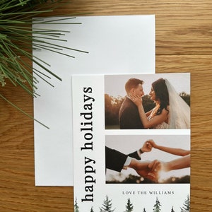 Modèle de carte de vacances. Carte de vœux avec arbres à feuilles persistantes. Carte de vacances minimaliste. Carte de Noël. Carte de vœux recto-verso.