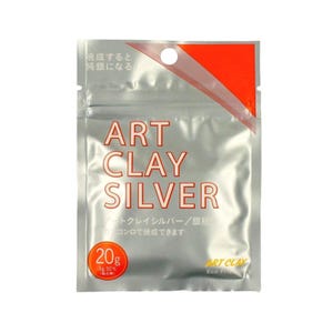 Pode incluir: Uma embalagem prateada de Art Clay Silver, um material de artesanato. A embalagem tem um design vermelho e branco no topo e apresenta o texto "ART CLAY SILVER". Contém 20g de material.