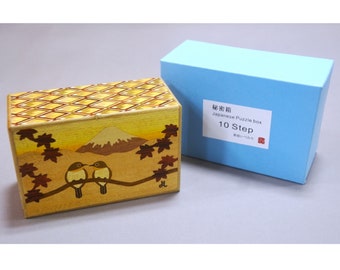 Wood Inlay Puzzle Box | Japanese Hakone Yosegi | W5.8" x D3.7" | 10 Step | Birds, Mt. Fuji and Gourds | Gift Collection Art | Tradition