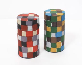 Hand-Dyed Washi Paper Tea Canister Ichimatsu Checkered Pattern | Tea and Coffee Caddy | Kyoto Craft | H12.4 cm / 4.88 in