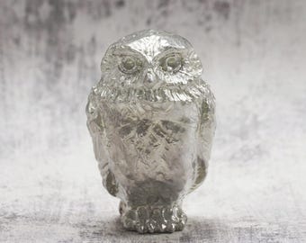 Tin Metal Owl Figurine | Handcrafted Metal, 99.99% Pure Tin Cast Ornament, Artisan Collectible, Home Decor Gift 2.0" / 5.2cm