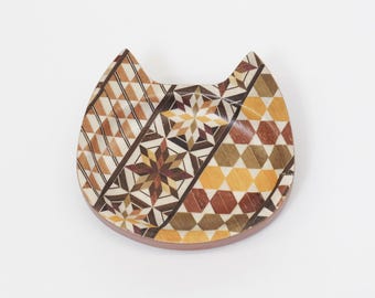 Cat Ring Dish, Hakone Yosegi-Zaiku Mini Tray | Wood Mosaic Jewelry Holder for Rings & Keys, Handcrafts Gift