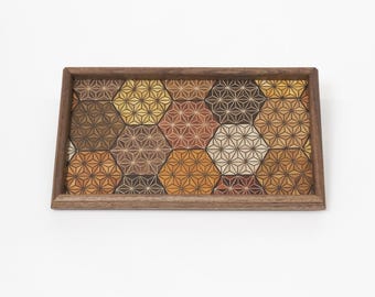 Wooden Mosaic Small Tray Handcrafted Japanese Yosegi-Zaiku, Geometric Hemp Leaf Motif, Tea Sweets Dish (9.3 x 5.5 inch)