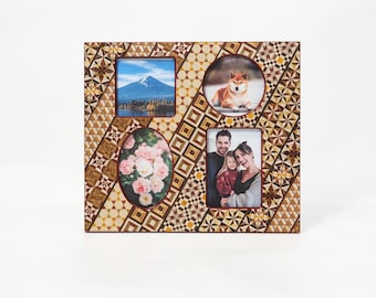 Collage Picture Frame, 4 Photo Multi Frame, Hakone Yosegi-Zaiku, Traditional Crafts, Family Photo Frame Decor, 25.5 × 22.5cm