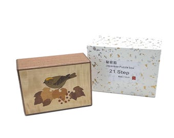 Medium Inlay Wooden Puzzle Box 21-steps | Birds and Landscapes | W4.6&quot; x D3.2&quot; | Hakone Yosegi | Gift Collection Art | Handcrafts