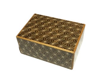 Medium 21-steps Puzzle Box Hakone Yosegi | Hemp Leaf - Black | 4.6&quot;x3.2&quot;x2.2&quot; | Wooden Art | Anniversary Gift | Gimmick Trick Toy