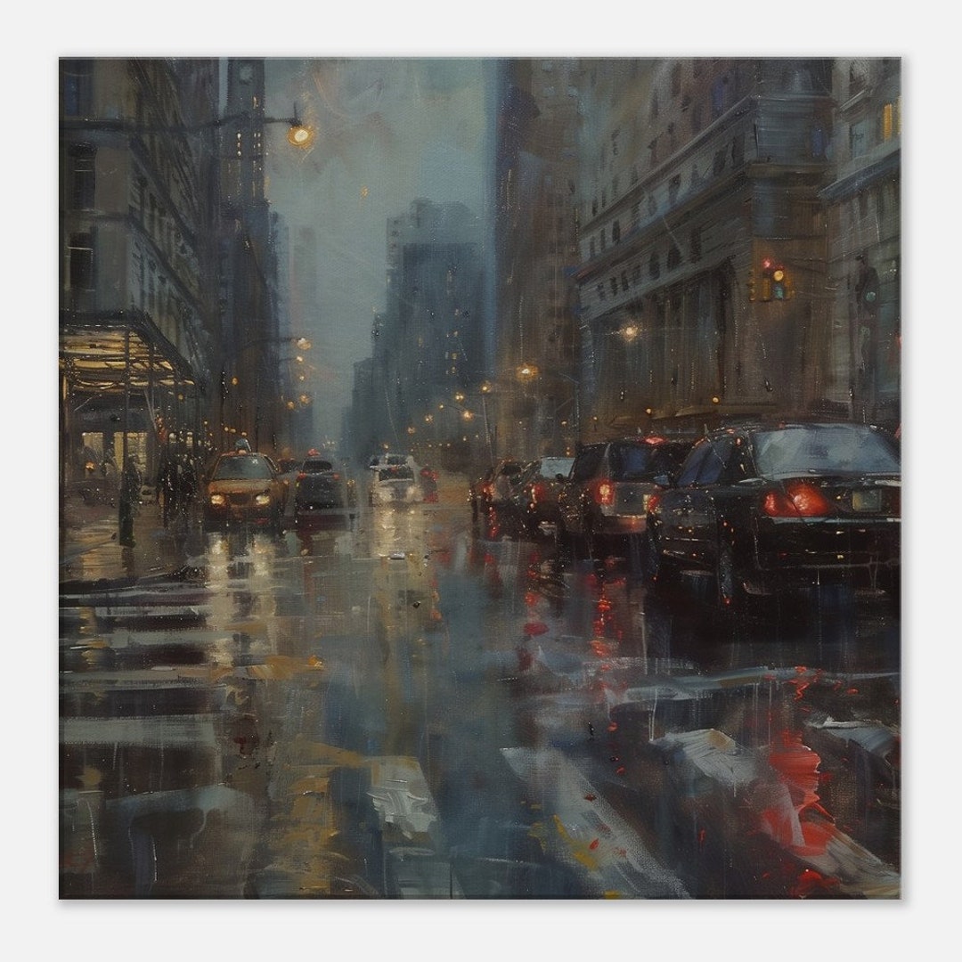 Dark Rainy Gloomy City Street Traffic Painting Oil Painting Gloomy ...