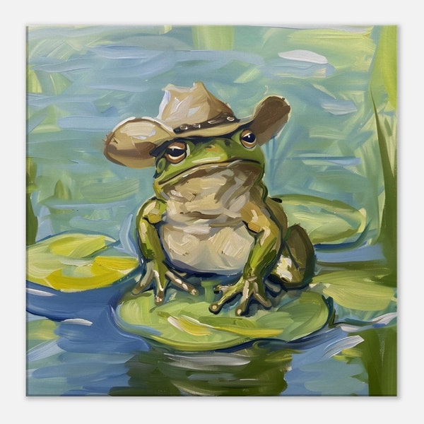 Cute, Funny, Frog With Hat Oil Painting Style Canvas Print, Wall Art, Wall Decor, Animal Lover, Nature, Animal, Printed Canvas