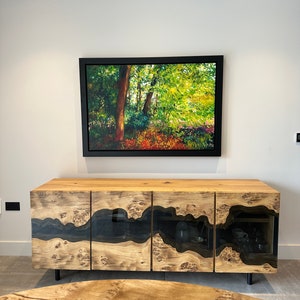 credenza sideboard in pippy oak with smoked glass inlay
