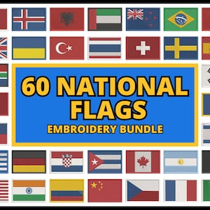 May include: A collection of 60 national flags in a colorful embroidery bundle. The flags are arranged in rows and columns, with each flag having a white border. The flags are all different sizes and shapes, but they are all rectangular. The flags are all different colors, but they are all bright and vibrant. The flags are all different designs, but they are all unique and interesting. The flags are all different countries, but they are all united in their beauty and diversity.
