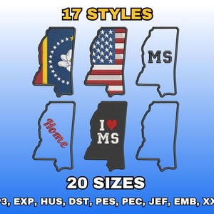 Puede incluir: Imagen que presenta varios diseños bordados del estado de Mississippi. Los diseños incluyen la bandera estatal, la bandera estadounidense y los textos "MS" y "Home". También se muestra el texto "I ❤️ MS". También se incluye el texto "17 STYLES" y "20 SIZES".