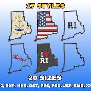 Puede incluir: Una imagen que muestra seis diseños bordados del estado de Rhode Island. Los diseños incluyen el contorno del estado con varios patrones, incluyendo la bandera estadounidense, el sello estatal y los textos "RI" y "Home". También se muestran los textos "17 ESTILOS" y "20 TAMAÑOS".
